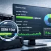 Системный блок с подсветкой планки DDR4 16GB, данные об оперативной памяти на экране монитора.
