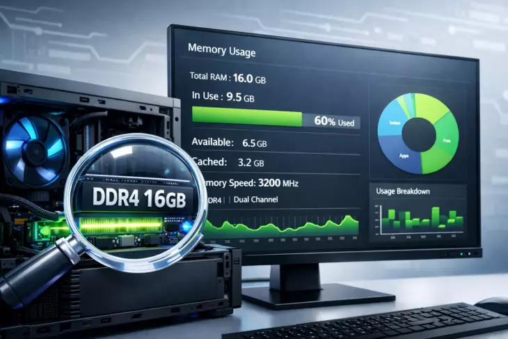 Системный блок с подсветкой планки DDR4 16GB, данные об оперативной памяти на экране монитора.