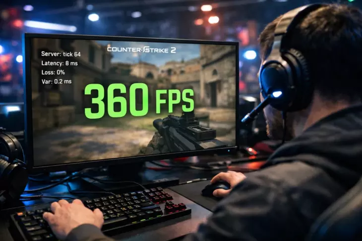 Игрок CS2 следит за высоким FPS на мониторе в атмосфере турнира
