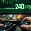 Геймерский контроль: 240 FPS на мониторе с графиком стабильности и фрагментом игры.