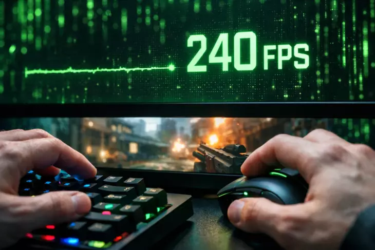 Геймерский контроль: 240 FPS на мониторе с графиком стабильности и фрагментом игры.