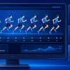 Анимация бегущего персонажа с сравнением частоты кадров 24, 30 и 60 FPS на технологичном фоне.
